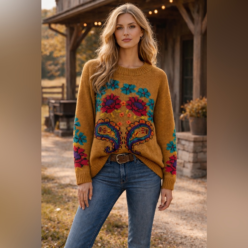 Mackinaw Vintage Hand Framed Wool Floral Print Sweater Brown Medium/ Large